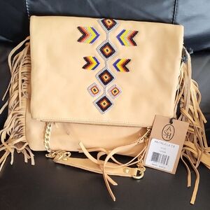 NWT VINTAGE ASH Beige Fringe Crossbody Leather Bag